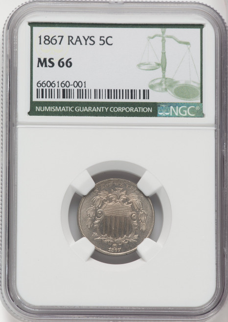 1867 5C RAYS Shield Nickel NGC MS66