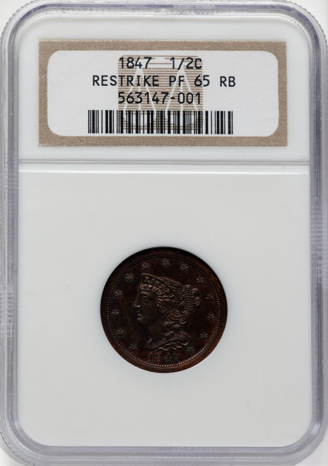 1847 1/2 C Reverse of 1840 Second Restrike B-3 RB Proof Half Cent NGC PR65