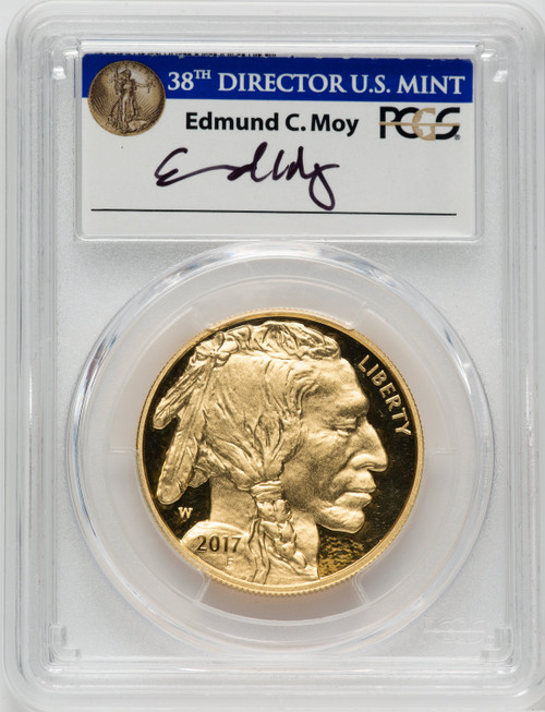 2017-W $50 One Ounce Gold Buffalo 225th Anniversary First Day of Issue Moy Philadelphia PCGS PR70