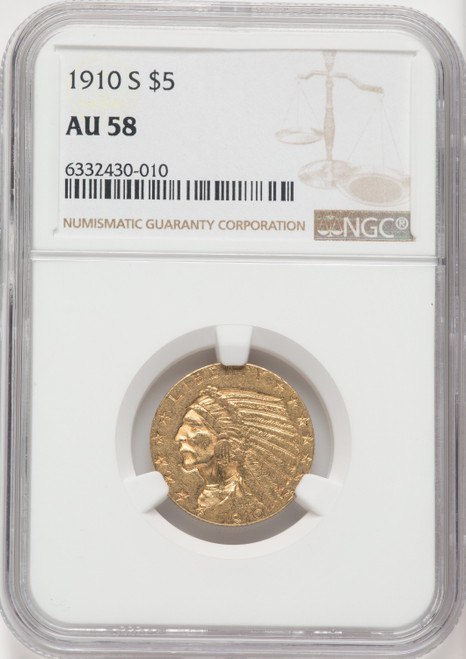 1910-S $5 Indian Half Eagle NGC AU58