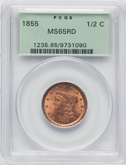 1855 1/2 C RD Half Cent PCGS MS65