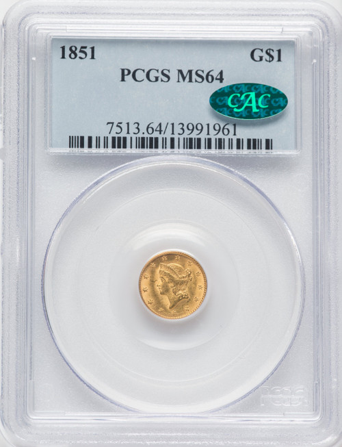 1851 G$1 CAC Gold Dollar PCGS MS64