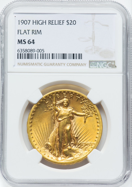 1907 $20 Flat Rim High Relief Double Eagle NGC MS64