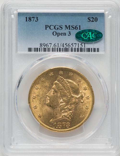 1873 $20 OPEN 3 CAC Liberty Double Eagle PCGS MS61