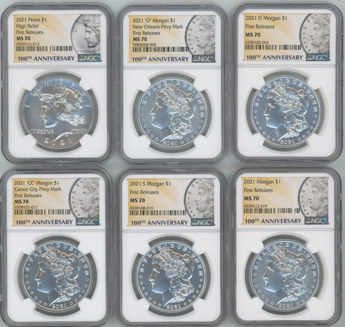 2021 Morgan Peace Dollar First Releases NGC MS70 6-pc Complete Set