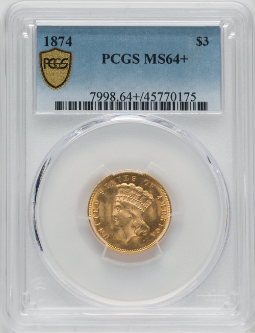 1874 $3 Three Dollar Gold Pieces PCGS MS64+