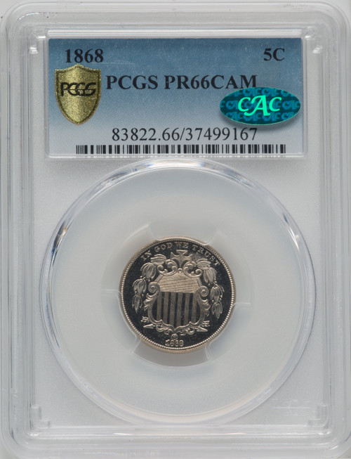 1868 5C CA CAC Proof Shield Nickel PCGS PR66