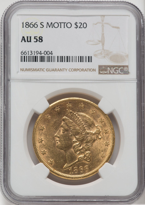 1866-S $20 MOTTO Liberty Double Eagle NGC AU58