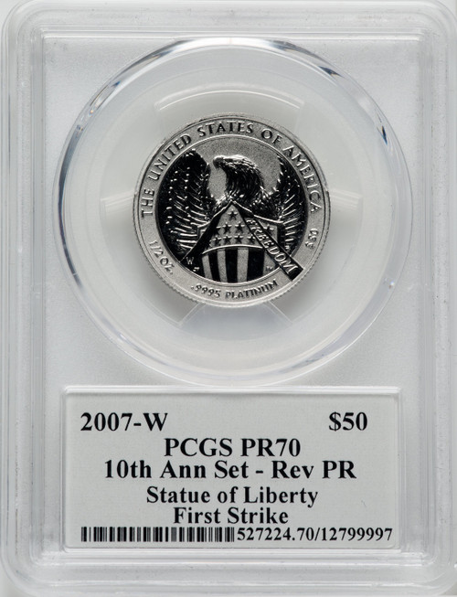 2007-W $50 Half-Ounce Platinum Reverse Proof 10th Anniversary Set - Rev First Strike Mercanti Signature PCGS PR70