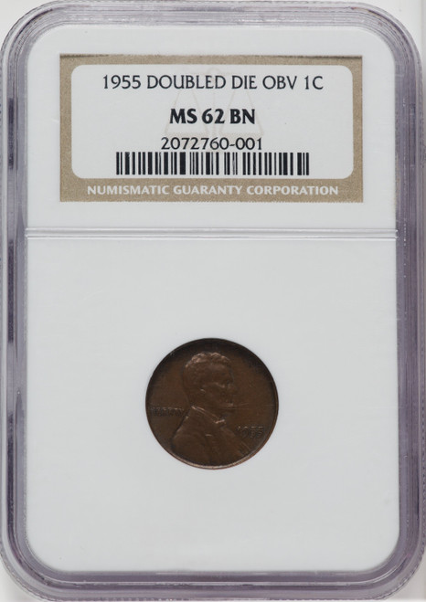 1955 Doubled Die Obverse BN Lincoln Cent NGC MS62