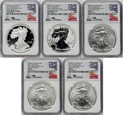 2011 25th Anniversary Silver Eagle Five-Coin Set NGC PF70 Mercanti Signed