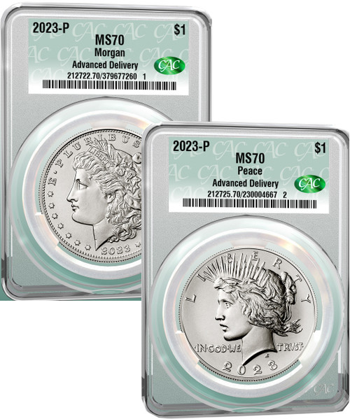 2023-P Morgan and Peace Silver Dollar 2pc Set Advanced Delivery CAC MS70 2023-P Morgan and Peace Silver Dollar 2pc Set Advanced Delivery CAC MS70