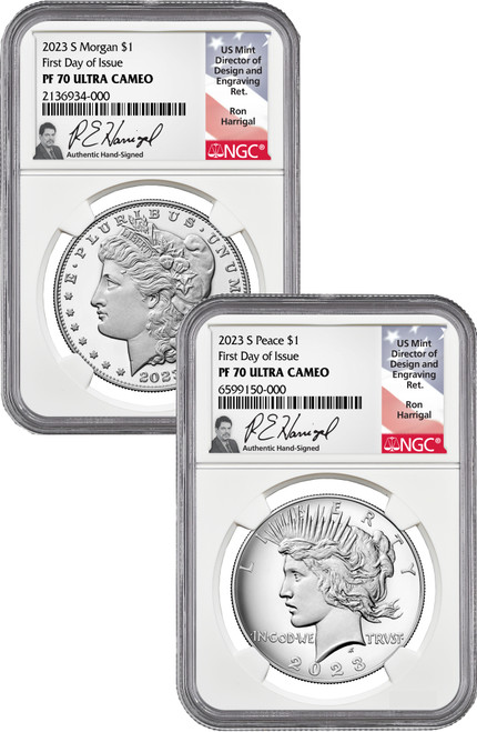 2023-S Morgan Peace Silver Dollar 2pc Set FDI NGC PF70 Harrigal Signed