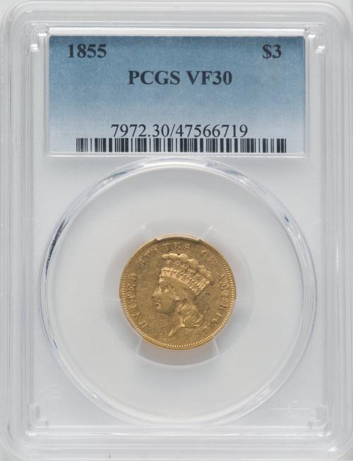 1855 $3 Three Dollar Gold Pieces PCGS VF30