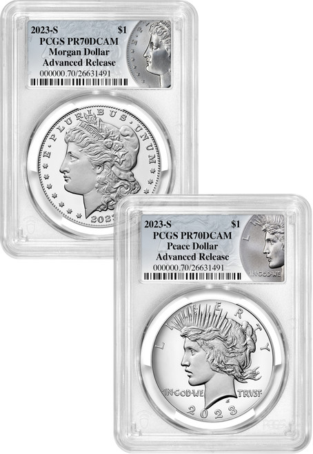 2023-S Morgan Peace Silver Dollar 2pc Advanced Releases PCGS PR70