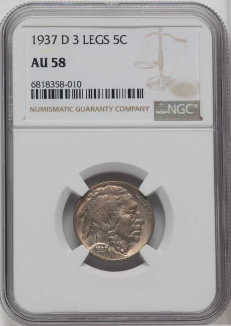 1937-D 5C Three-Legged Buffalo Nickel NGC AU58