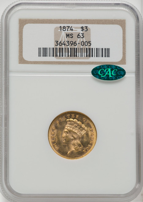 1874 $3 CAC Three Dollar Gold Pieces NGC MS63