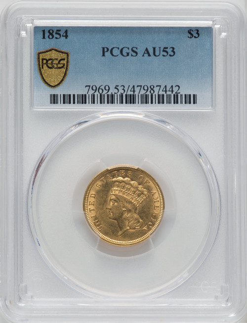 1854 $3 Three Dollar Gold Pieces PCGS AU53