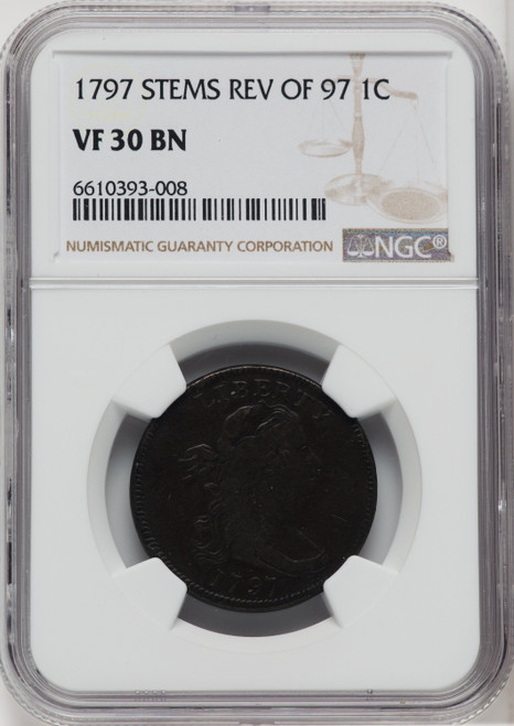 1797 1C Rev of 1797 Stems BN Large Cent NGC VF30