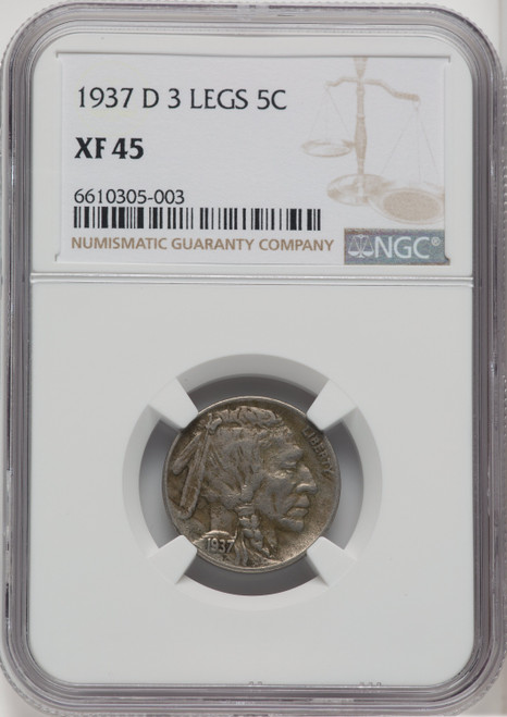 1937-D 5C Three-Legged Buffalo Nickel NGC XF45