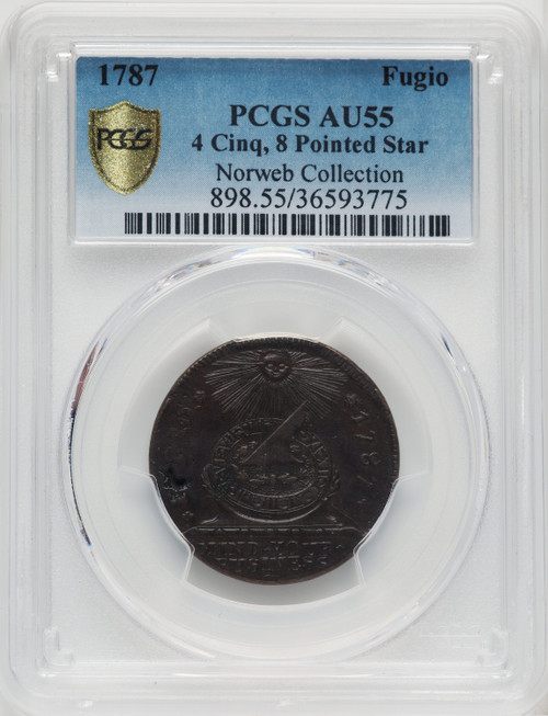 1787 Fugio Cent STATES UNITED Eight-Pointed Stars BN Federal Contract Coinage PCGS AU55