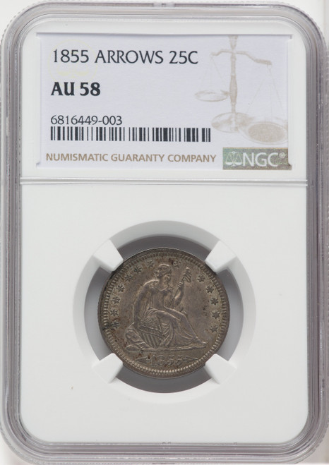 1855 25C Arrows Seated Quarter NGC AU58