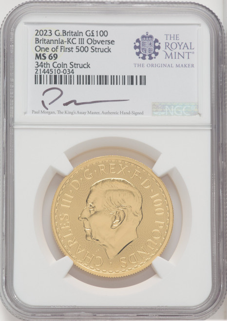 2023 G.B. G100 BRITANNIA-KC III OBVERSE 34TH COIN STRUCK Royal Succession NGC MS69