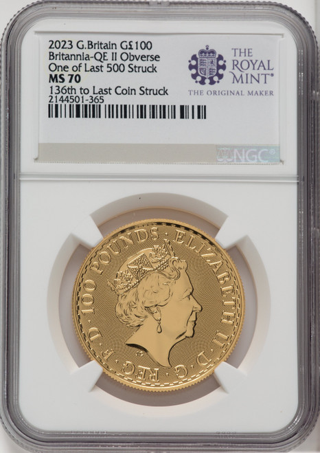 2023 G.B. G100 BRITANNIA-QE II OBVERSE 136TH TO LAST COIN STRUCK Royal Succession NGC MS70