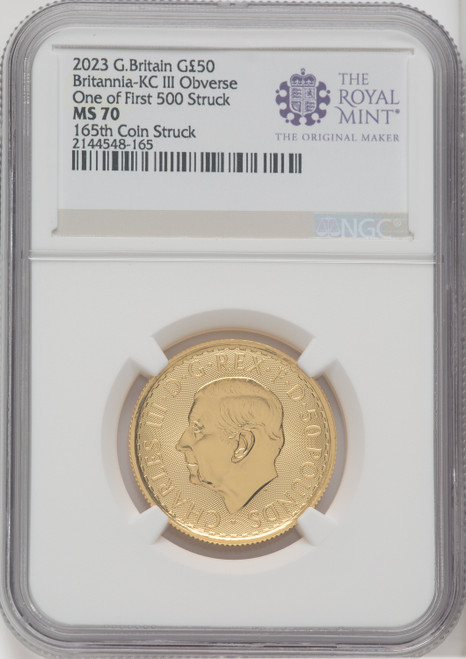 2023 G.B. G50 BRITANNIA-KC III OBVERSE 165TH COIN STRUCK Royal Succession NGC MS70