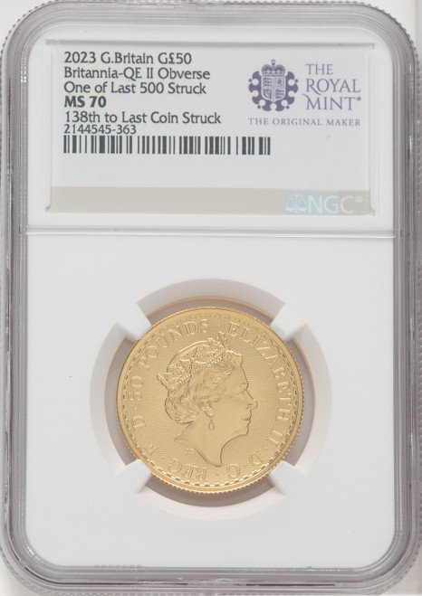 2023 G.B. G50 BRITANNIA-QE II OBVERSE 138TH TO LAST COIN STRUCK Royal Succession NGC MS70