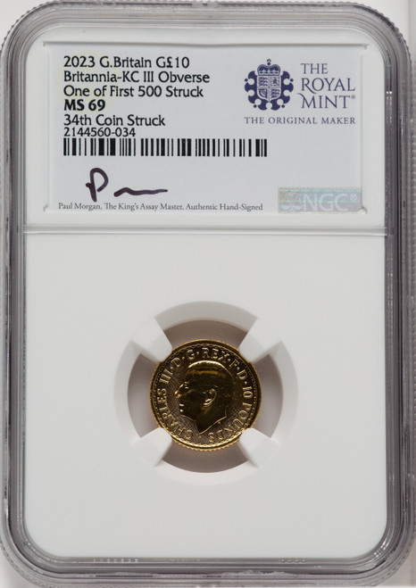 2023 G.B. G10 BRITANNIA-KC III OBVERSE 34TH COIN STRUCK Royal Succession NGC MS69