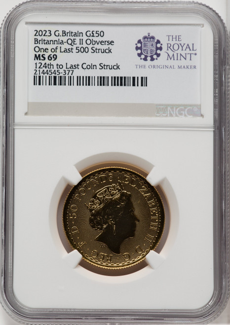 2023 G.B. G$50 BRITTANIA-QE II OBVERSE 124TH TO LAST COIN STRUCK Royal Succession NGC MS69