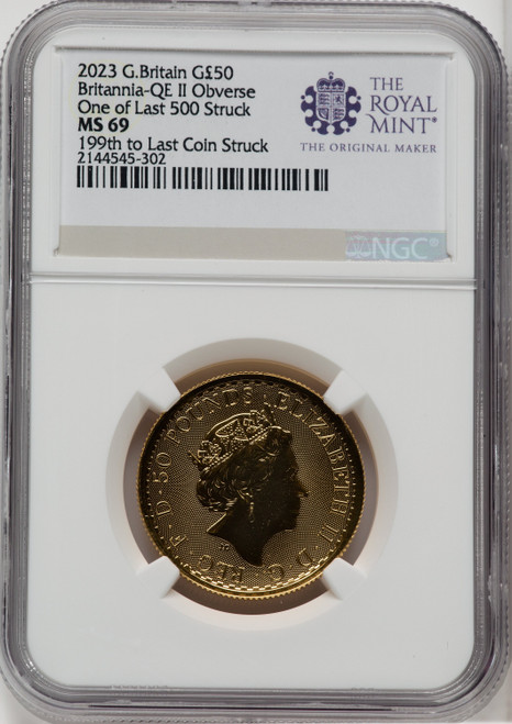 2023 G.B. G$50 BRITTANIA-QE II OBVERSE 199TH TO LAST COIN STRUCK Royal Succession NGC MS69