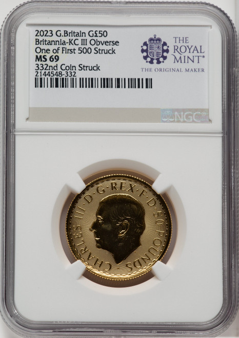 2023 G.B. G$50 BRITTANIA-KC III OBVERSE 332ND COIN STRUCK Royal Succession NGC MS69