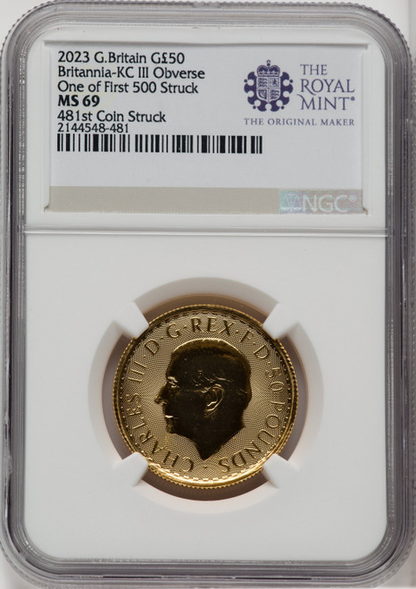 2023 G.B. G$50 BRITTANIA-KC III OBVERSE 481ST COIN STRUCK Royal Succession NGC MS69