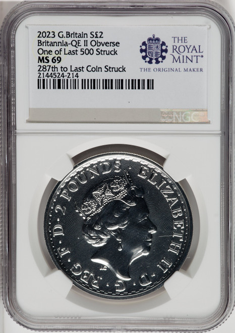 2023 G.B.S2 BITANNIA-QE II OBVERSE 287TH TO LAST COIN STRUCK. Royal Succession NGC MS69