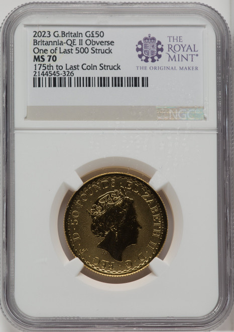 2023 G.B. G50 BRITANNIA QE II OBVERSE 175TH TO LAST COIN STRUCK Royal Succession NGC MS70