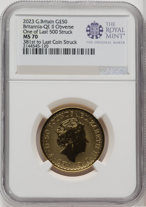 2023 G.B. G50 BRITANNIA QE II OBVERSE 381ST TO LAST COIN STRUCK
 Royal Succession NGC MS70