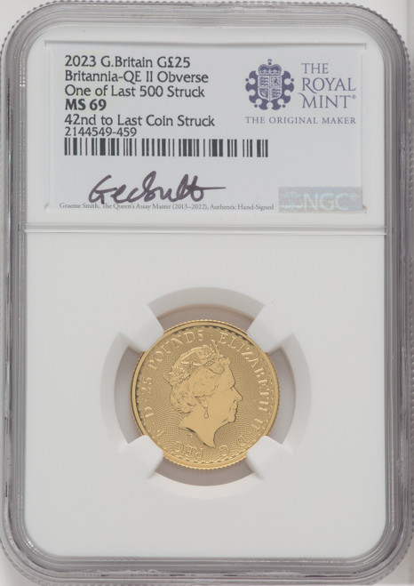 2023 G.B. G25 BRITANNIA-QE II OBVERSE 42ND TO LAST COIN STRUCK Royal Succession NGC MS69