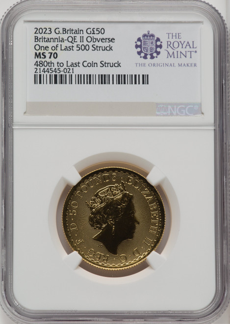 2023 G.B. G50 BRITANNIA QE II OBVERSE 480TH TO LAST COIN STRUCK
 Royal Succession NGC MS70