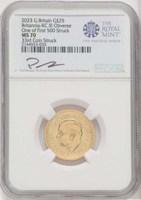 2023 G.B. G25 BRITANNIA-KC III OBVERSE 33RD COIN STRUCK Royal Succession NGC MS70