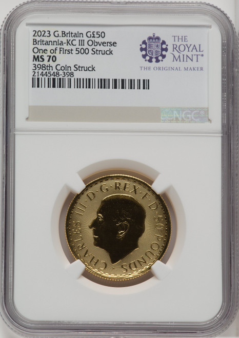 2023 G.B. G50 BRITANNIA KC III OBVERSE 398TH COIN STRUCK Royal Succession NGC MS70