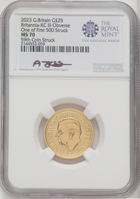 2023 G.B. G25 BRITANNIA-KC III OBVERSE 59TH COIN STRUCK Royal Succession NGC MS70