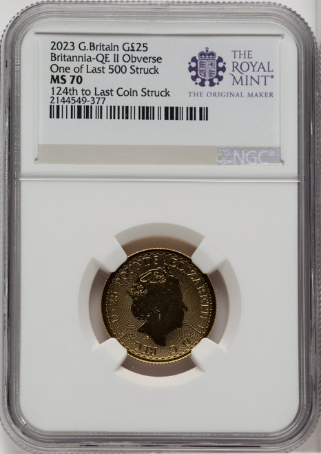 2023 G.B. G25 BRITANNIA QE II OBVERSE 124TH TO LAST COIN STRUCK Royal Succession NGC MS70