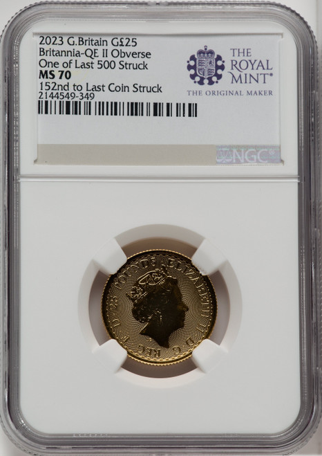 2023 G.B. G25 BRITANNIA QE II OBVERSE 152ND TO LAST COIN STRUCK Royal Succession NGC MS70