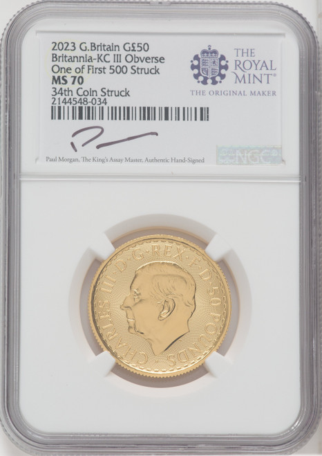 2023 G.B. G50 BRITANNIA-KC III OBVERSE 34TH COIN STRUCK Royal Succession NGC MS70