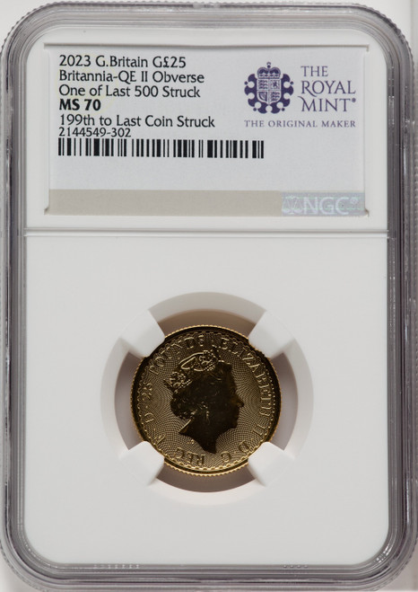 2023 G.B. G25 BRITANNIA QE II OBVERSE 199TH TO LAST COIN STRUCK Royal Succession NGC MS70