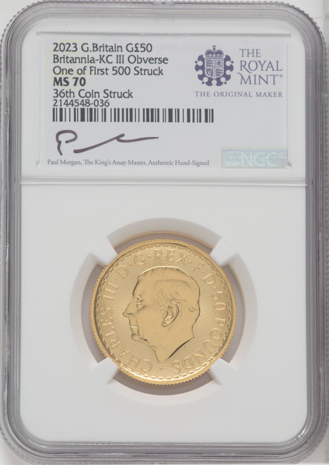 2023 G.B. G50 BRITANNIA-KC III OBVERSE 36TH COIN STRUCK Royal Succession NGC MS70