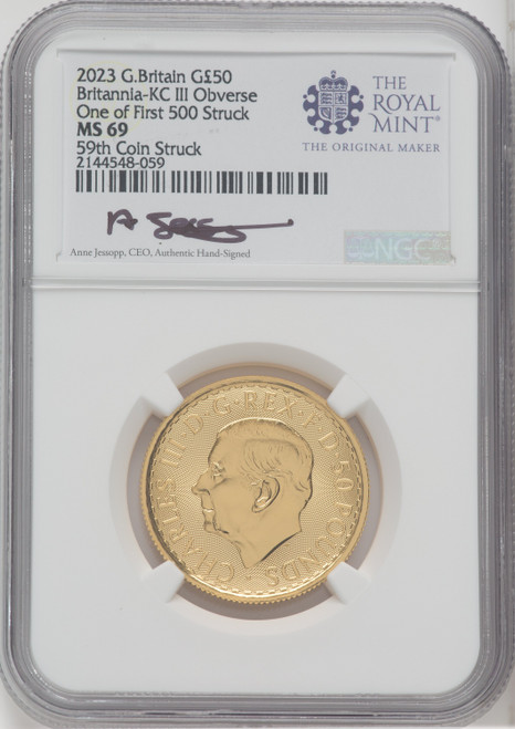 2023 G.B. G50 BRITANNIA-KC III OBVERSE 59TH COIN STRUCK Royal Succession NGC MS69