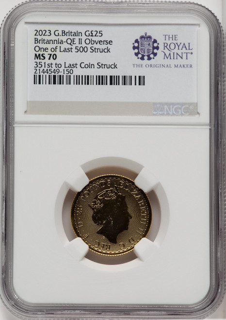 2023 G.B. G25 BRITANNIA QE II OBVERSE 351ST TO LAST COIN STRUCK Royal Succession NGC MS70